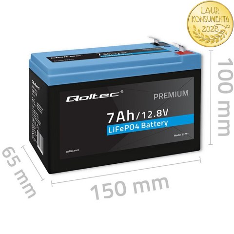 Qoltec Akumulator LiFePO4 Litowo-Żelazowo-Fosforanowy | 12.8V | 7Ah | 89.6Wh | BMS