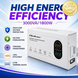 Qoltec Automatyczny Stabilizator napięcia AVR 3000VA | 1800W | Compact | Toroidalny transformator