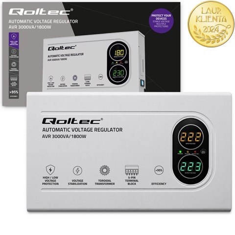 Qoltec Automatyczny Stabilizator napięcia AVR 3000VA | 1800W | Compact | Toroidalny transformator