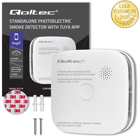 Qoltec Certyfikowany bezprzewodowy Czujnik dymu z baterią | Tuya | Wi-fi | żywotność sensora 10 lat | alarm 85dB | LED