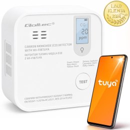 Qoltec Certyfikowany bezprzewodowy Czujnik tlenku węgla (czadu) z baterią | detektor CO | TUYA | Wi-fi | żywotność sensora 10 la