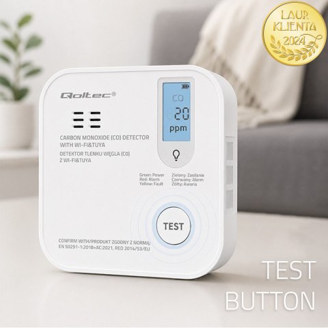 Qoltec Certyfikowany bezprzewodowy Czujnik tlenku węgla (czadu) z baterią | detektor CO | TUYA | Wi-fi | żywotność sensora 10 la
