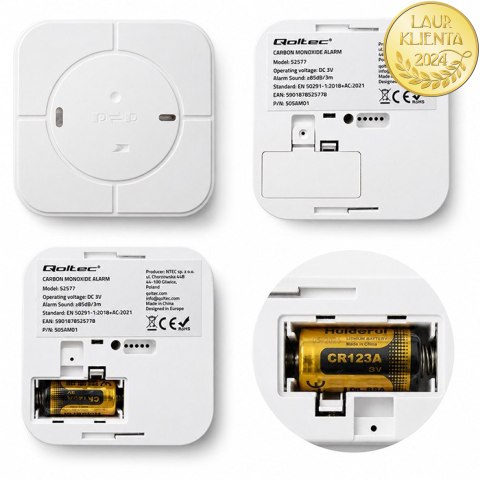 Qoltec Certyfikowany bezprzewodowy Czujnik tlenku węgla (czadu) z baterią | detektor CO | TUYA | Wi-fi | żywotność sensora 10 la