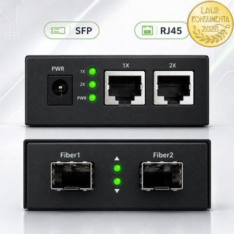 Qoltec Dwukierunkowy Media Konwerter SWITCH Ethernet 2x RJ45 2x SFP| 1000Mb/s | 5V