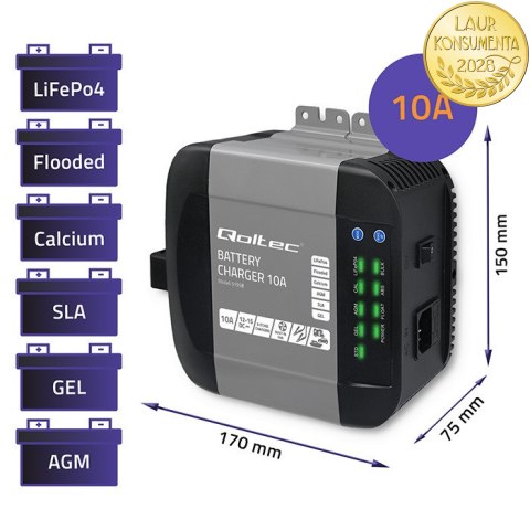 Qoltec Inteligentna ładowarka Monolith do akumulatorów LiFePO4 AGM GEL SLA | 10A | 12V