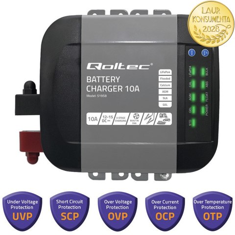 Qoltec Inteligentna ładowarka Monolith do akumulatorów LiFePO4 AGM GEL SLA | 10A | 12V