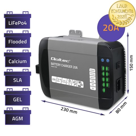 Qoltec Inteligentna ładowarka Monolith do akumulatorów LiFePO4 AGM GEL SLA | 20A | 12V