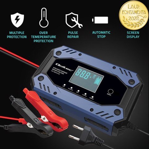 Qoltec Inteligentna ładowarka do akumulatora STD AGM GEL LiFePO4 | Prostownik z funkcją naprawy |12-24V |10A | LCD | 9 - stopnio