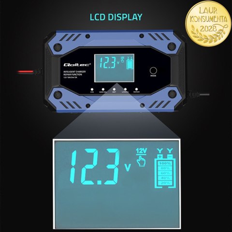 Qoltec Inteligentna ładowarka do akumulatora STD AGM GEL LiFePO4 | Prostownik z funkcją naprawy |12-24V |10A | LCD | 9 - stopnio