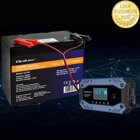 Qoltec Inteligentna ładowarka do akumulatora STD AGM GEL LiFePO4 | Prostownik z funkcją naprawy |12-24V |10A | LCD | 9 - stopnio