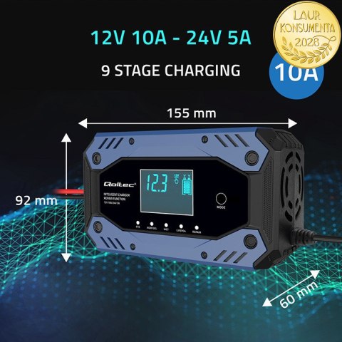Qoltec Inteligentna ładowarka do akumulatora STD AGM GEL LiFePO4 | Prostownik z funkcją naprawy |12-24V |10A | LCD | 9 - stopnio