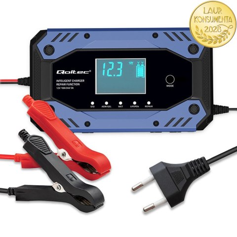 Qoltec Inteligentna ładowarka do akumulatora STD AGM GEL LiFePO4 | Prostownik z funkcją naprawy |12-24V |10A | LCD | 9 - stopnio