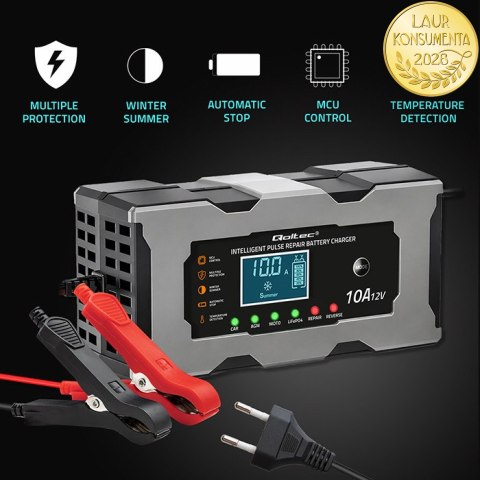 Qoltec Inteligentna mikroprocesorowa ładowarka 12V 10A | Prostownik z funkcją naprawy do akumulatora AGM GEL LiFePO4 | LCD