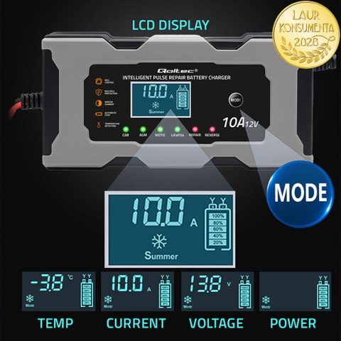 Qoltec Inteligentna mikroprocesorowa ładowarka 12V 10A | Prostownik z funkcją naprawy do akumulatora AGM GEL LiFePO4 | LCD