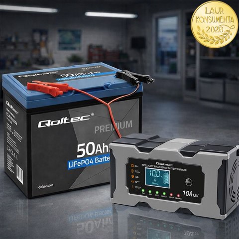 Qoltec Inteligentna mikroprocesorowa ładowarka 12V 10A | Prostownik z funkcją naprawy do akumulatora AGM GEL LiFePO4 | LCD