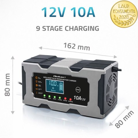 Qoltec Inteligentna mikroprocesorowa ładowarka 12V 10A | Prostownik z funkcją naprawy do akumulatora AGM GEL LiFePO4 | LCD