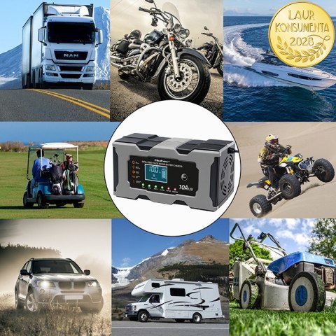 Qoltec Inteligentna mikroprocesorowa ładowarka 12V 10A | Prostownik z funkcją naprawy do akumulatora AGM GEL LiFePO4 | LCD