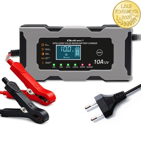 Qoltec Inteligentna mikroprocesorowa ładowarka 12V 10A | Prostownik z funkcją naprawy do akumulatora AGM GEL LiFePO4 | LCD