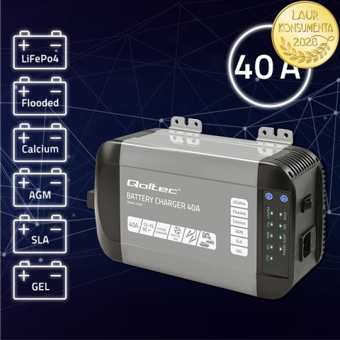 Qoltec Inteligentna profesjonalna ładowarka Monolith do akumulatorów LiFePO4 AGM GEL SLA | 40A | 12V
