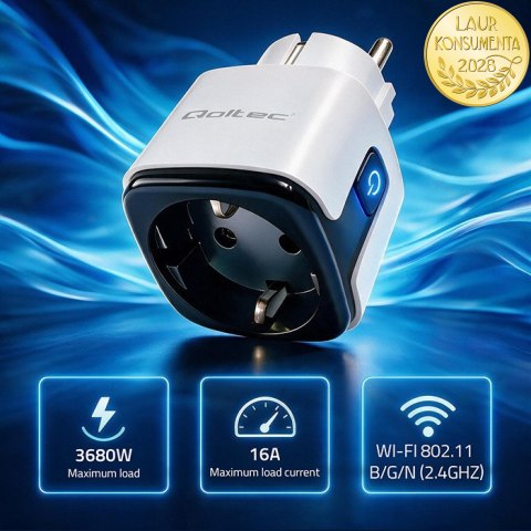 Qoltec Inteligentne gniazdko Wi-Fi 16A | Timer | Watomierz | Tuya | Smart Life | Amazon Alexa | Google assistant