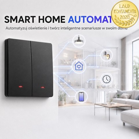 Qoltec Inteligentny 2-kanałowy włącznik wyłącznik światła | Wi-Fi | Timer | Tuya | Smart life | Czarny