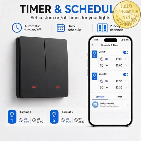 Qoltec Inteligentny 2-kanałowy włącznik wyłącznik światła | Wi-Fi | Timer | Tuya | Smart life | Czarny