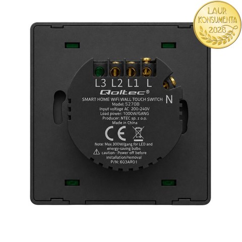 Qoltec Inteligentny 2-kanałowy włącznik wyłącznik światła | Wi-Fi | Timer | Tuya | Smart life | Czarny