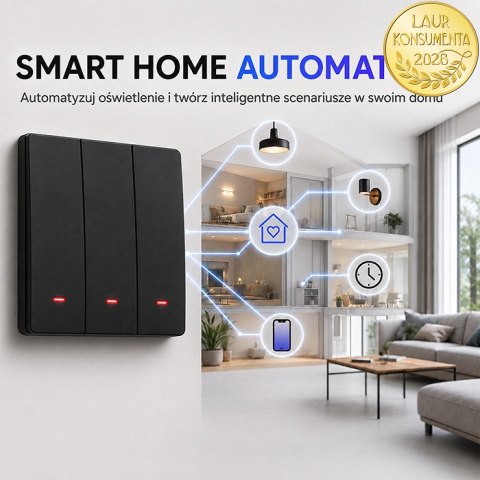 Qoltec Inteligentny 3-kanałowy włącznik wyłącznik światła | Wi-Fi | Timer | Tuya | Smart life | Czarny