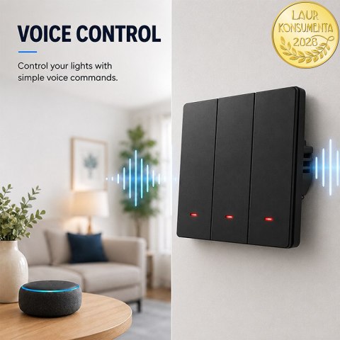 Qoltec Inteligentny 3-kanałowy włącznik wyłącznik światła | Wi-Fi | Timer | Tuya | Smart life | Czarny
