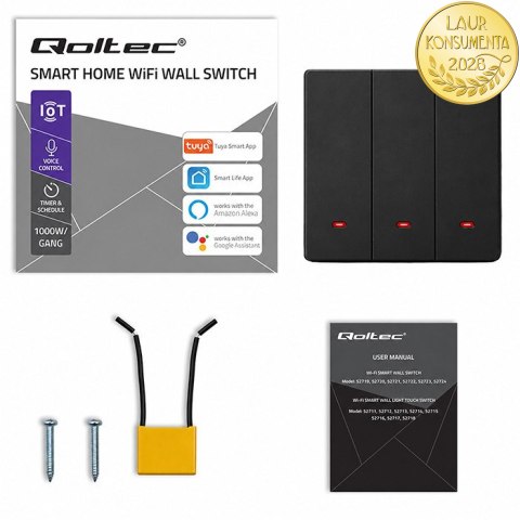 Qoltec Inteligentny 3-kanałowy włącznik wyłącznik światła | Wi-Fi | Timer | Tuya | Smart life | Czarny