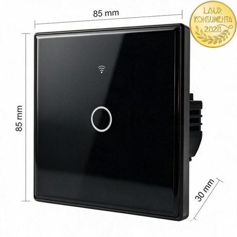 Qoltec Inteligentny dotykowy 1-kanałowy włącznik wyłącznik światła | Wi-Fi | Timer | Tuya | Smart life | Hartowane szkło | Czarn