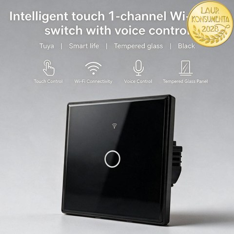 Qoltec Inteligentny dotykowy 1-kanałowy włącznik wyłącznik światła | Wi-Fi | Timer | Tuya | Smart life | Hartowane szkło | Czarn