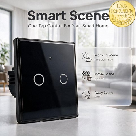 Qoltec Inteligentny dotykowy 2-kanałowy włącznik wyłącznik światła | Wi-Fi | Timer | Tuya | Smart life | Hartowane szkło | Czarn