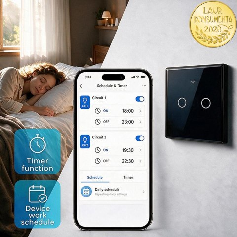 Qoltec Inteligentny dotykowy 2-kanałowy włącznik wyłącznik światła | Wi-Fi | Timer | Tuya | Smart life | Hartowane szkło | Czarn