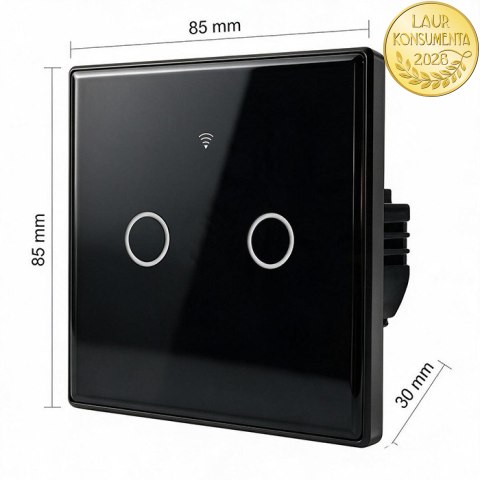 Qoltec Inteligentny dotykowy 2-kanałowy włącznik wyłącznik światła | Wi-Fi | Timer | Tuya | Smart life | Hartowane szkło | Czarn