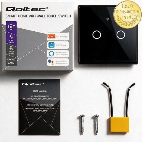 Qoltec Inteligentny dotykowy 2-kanałowy włącznik wyłącznik światła | Wi-Fi | Timer | Tuya | Smart life | Hartowane szkło | Czarn