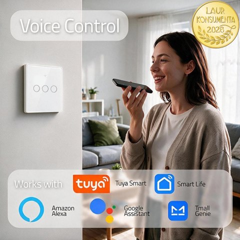 Qoltec Inteligentny dotykowy 3-kanałowy włącznik wyłącznik światła | Wi-Fi | Timer | Tuya | Smart life | Hartowane szkło | Biał
