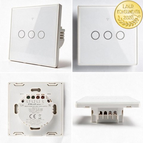 Qoltec Inteligentny dotykowy 3-kanałowy włącznik wyłącznik światła | Wi-Fi | Timer | Tuya | Smart life | Hartowane szkło | Biał