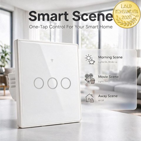 Qoltec Inteligentny dotykowy 3-kanałowy włącznik wyłącznik światła | Wi-Fi | Timer | Tuya | Smart life | Hartowane szkło | Biał
