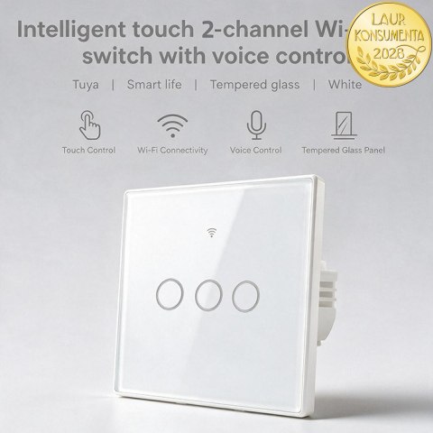 Qoltec Inteligentny dotykowy 3-kanałowy włącznik wyłącznik światła | Wi-Fi | Timer | Tuya | Smart life | Hartowane szkło | Biał