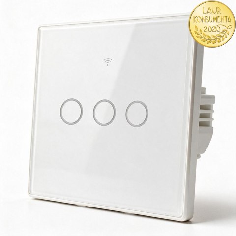 Qoltec Inteligentny dotykowy 3-kanałowy włącznik wyłącznik światła | Wi-Fi | Timer | Tuya | Smart life | Hartowane szkło | Biał