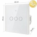 Qoltec Inteligentny dotykowy 3-kanałowy włącznik wyłącznik światła | Wi-Fi | Timer | Tuya | Smart life | Hartowane szkło | Biał