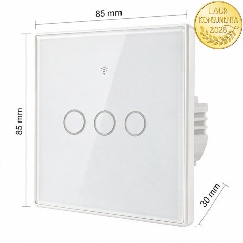 Qoltec Inteligentny dotykowy 3-kanałowy włącznik wyłącznik światła | Wi-Fi | Timer | Tuya | Smart life | Hartowane szkło | Biał