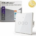 Qoltec Inteligentny dotykowy 3-kanałowy włącznik wyłącznik światła | Wi-Fi | Timer | Tuya | Smart life | Hartowane szkło | Biał