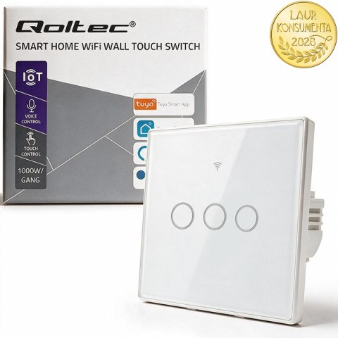 Qoltec Inteligentny dotykowy 3-kanałowy włącznik wyłącznik światła | Wi-Fi | Timer | Tuya | Smart life | Hartowane szkło | Biał