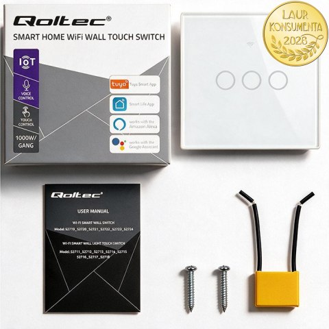Qoltec Inteligentny dotykowy 3-kanałowy włącznik wyłącznik światła | Wi-Fi | Timer | Tuya | Smart life | Hartowane szkło | Biał