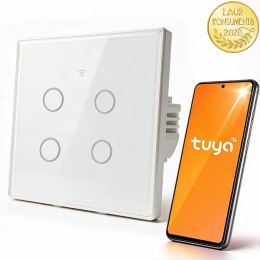 Qoltec Inteligentny dotykowy 4-kanałowy włącznik wyłacznik światła | Wi-Fi | Timer| Tuya | Smart life | Hartowane szkło | Biały