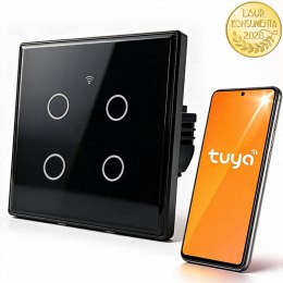 Qoltec Inteligentny dotykowy 4-kanałowy włącznik wyłącznik światła | Wi-Fi | Timer | Tuya | Smart life | Hartowane szkło | Czarn