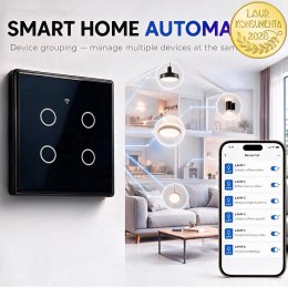 Qoltec Inteligentny dotykowy 4-kanałowy włącznik wyłącznik światła | Wi-Fi | Timer | Tuya | Smart life | Hartowane szkło | Czarn