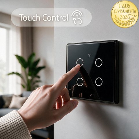 Qoltec Inteligentny dotykowy 4-kanałowy włącznik wyłącznik światła | Wi-Fi | Timer | Tuya | Smart life | Hartowane szkło | Czarn